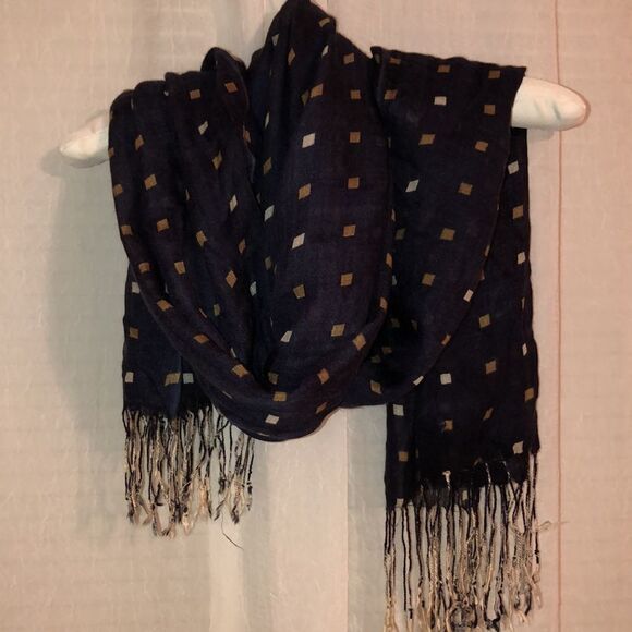 Navy Tan Ivory Lightweight Tasseled Large Scarf Wrap - Picture 1 of 8
